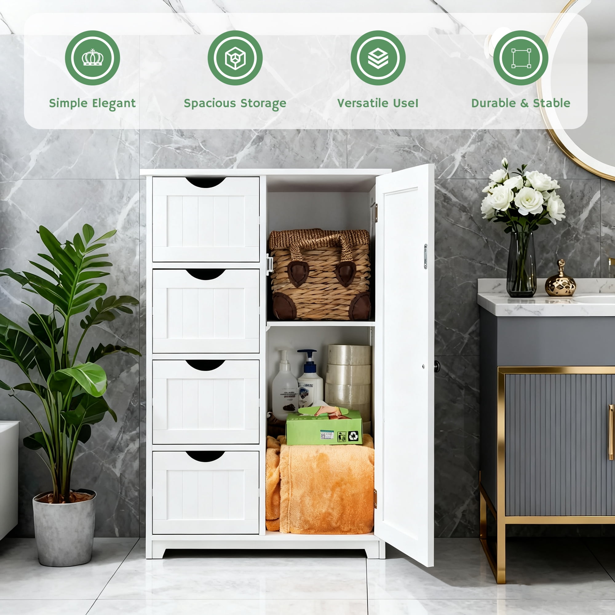 Dalattin Wooden Bathroom Cabinet, Floor Storage Cabinet with 4 Drawers 1 Cupboard & 2 Shelves