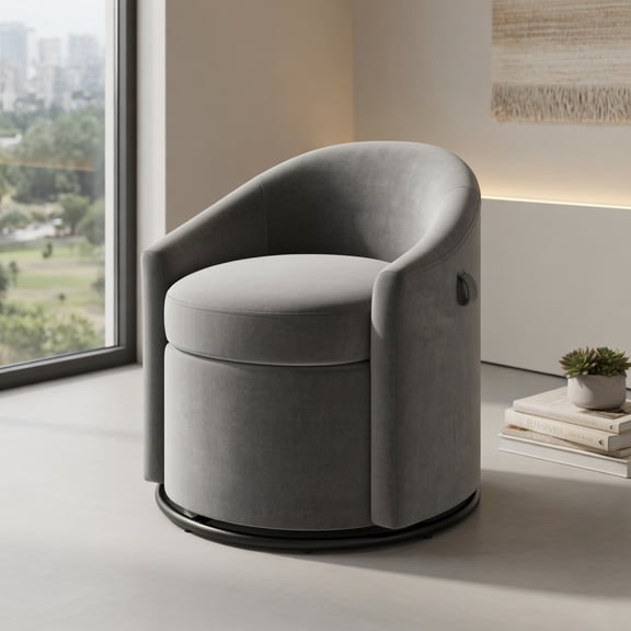 Demi Bonn 360° Swivel Barrel Chair with Storage, Upholstered Velvet Vanity Accent Chair, Gray