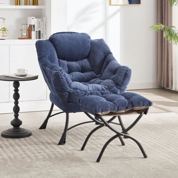 Lazy Chair with Ottoman, Modern Lounge Accent Chair with Armrests and a Side Pocket, Leisure Upholstered Sofa Chair Reading Chair with Footrest for Small Space, Corner Chair, Navy Blue
