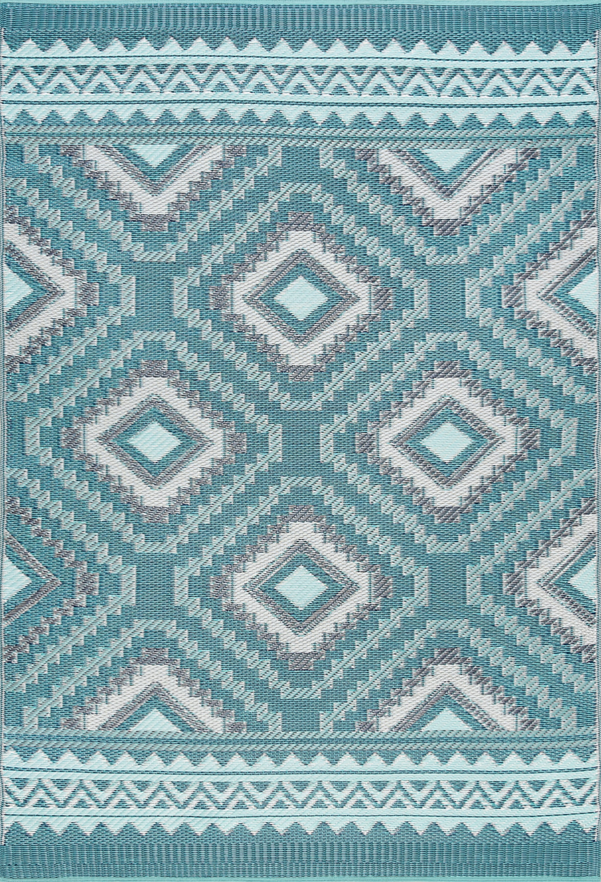 9x12 Reversible Aqua and Cream Polypropylene Outdoor Geometric Area Rug