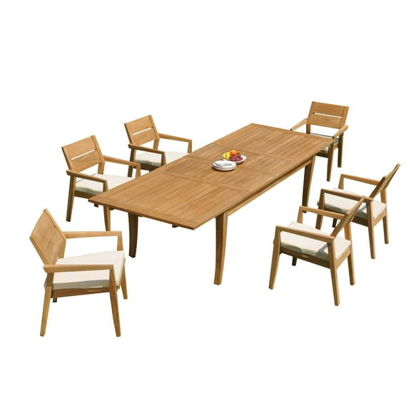 Grade-A Teak Dining Set: 6 Seater 7 Pc: 122" Atnas Rectangle Table And 6 Vellore Stacking Arm Chairs Outdoor Patio WholesaleTeak #51VL2807