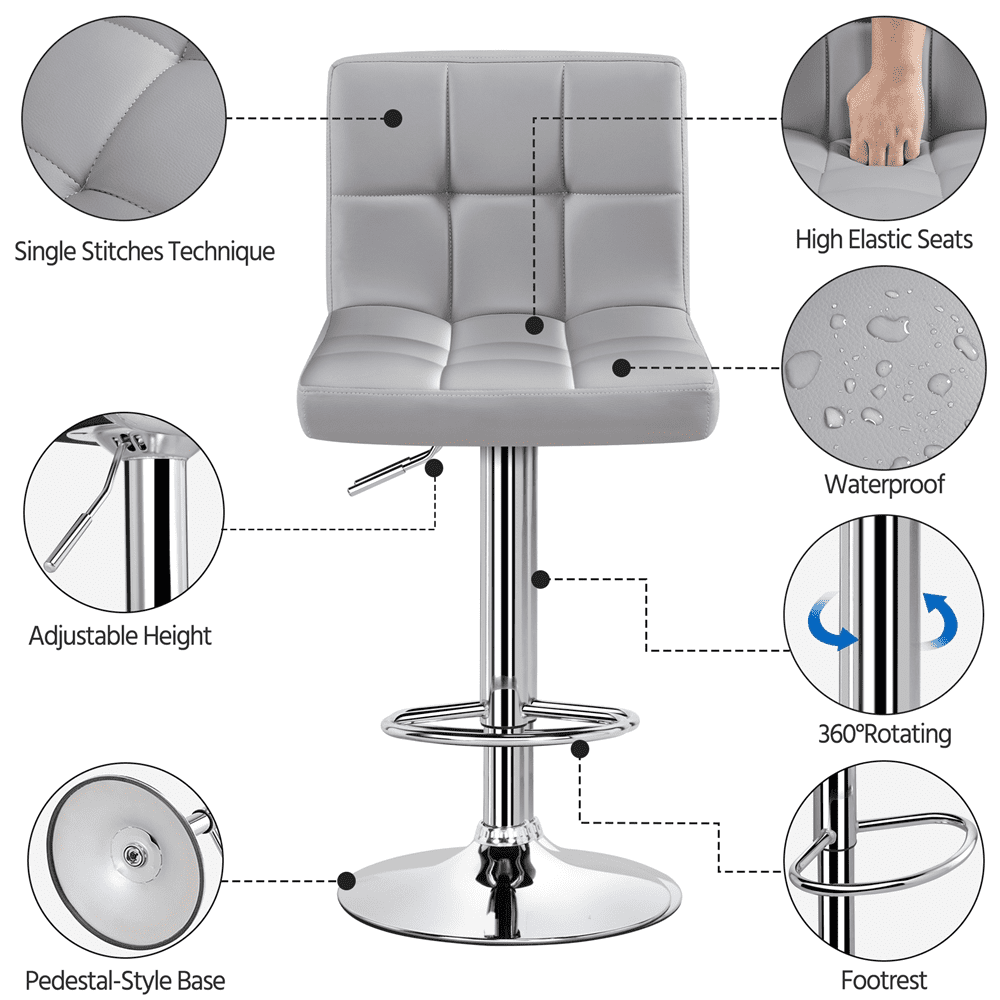 Alden Design Adjustable Bar Stool Faux Leather Counter Height Mid-Back Bar Chair Set of 2, Light Gray
