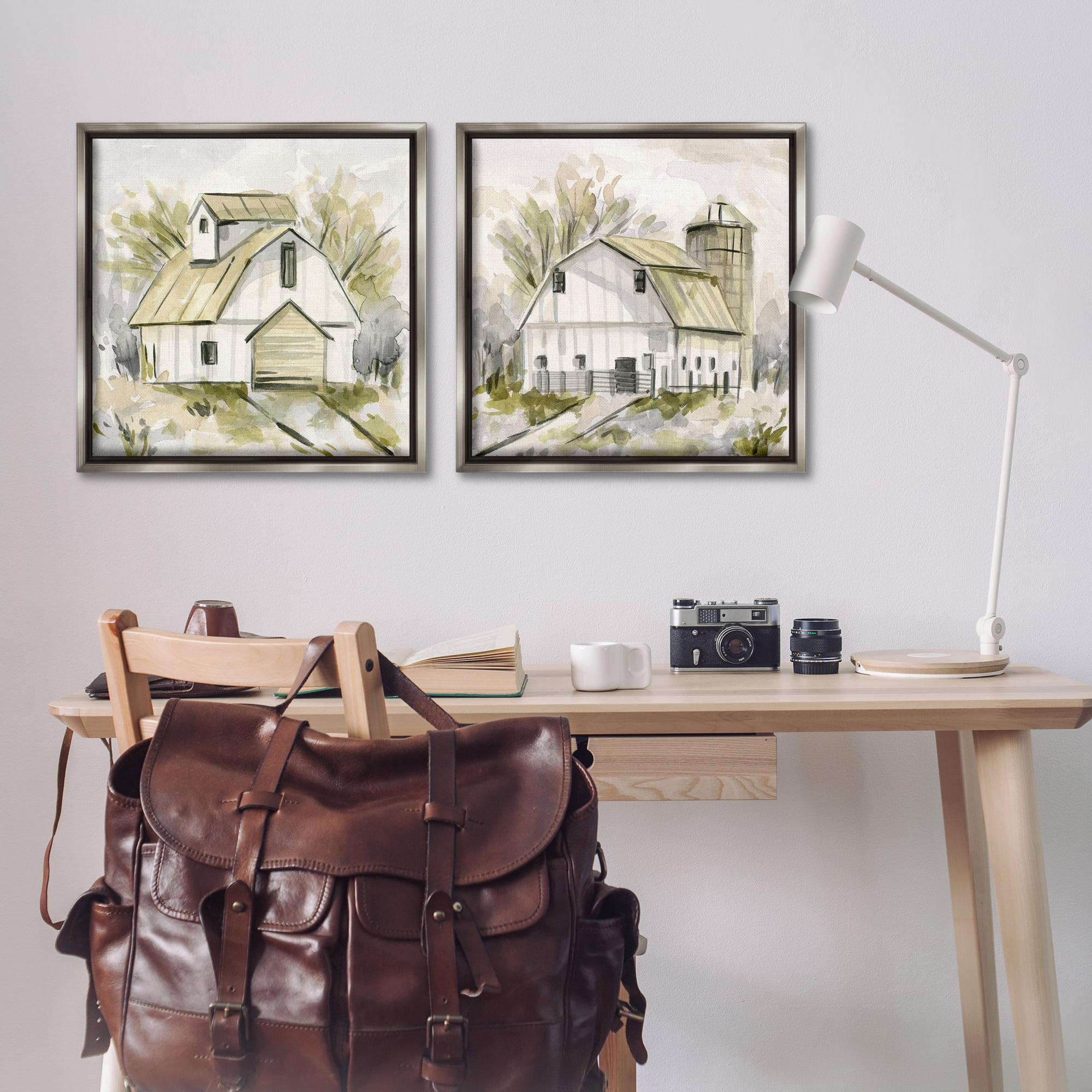 Stupell Industries Sketch Drawing Barn Silo Landscape & Nature Painting Gray Floater Framed Canvas Art Print Wall Art, 25 x 25, Set of 2