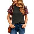 thumbnail image 2 of larppty Womens Christmas T Shirts Plaid Pearl Ruffle Short Sleeve Loose T Shirt Casual Tunic Tops (Black, XL), 2 of 9
