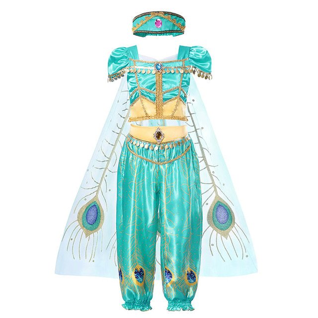 Jasmine Dress of Girl Birthday Party Carnival Fantasy Cosplay Disney Aladdin agic Lamp Moana Elena Princess Costume Clothing Set5-6T (130) Gao Jinjia LED
