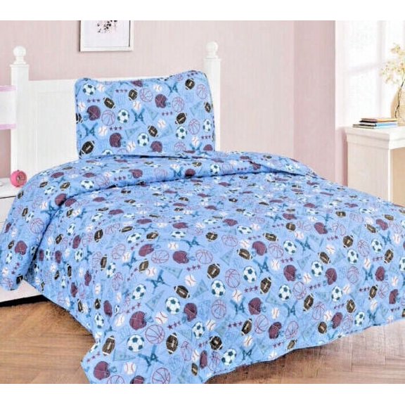 2-PC TWIN MVP GAME DAY Kids Microfiber Bedding Quilt Set, 1 Print Quilted Coverlet with 1 Matching Pillow Sham Included