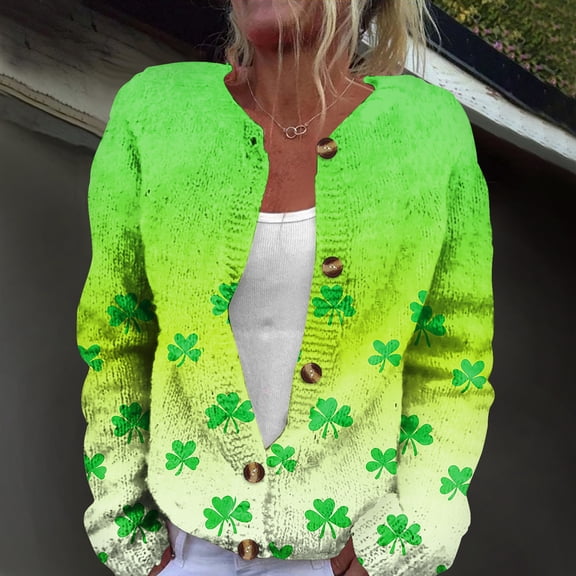 Womens Saint Patrick's Day Cardigan Sweaters Shamrock Pattern Long Sleeve Button Down Cardigan Saint Patrick's Day Gifts