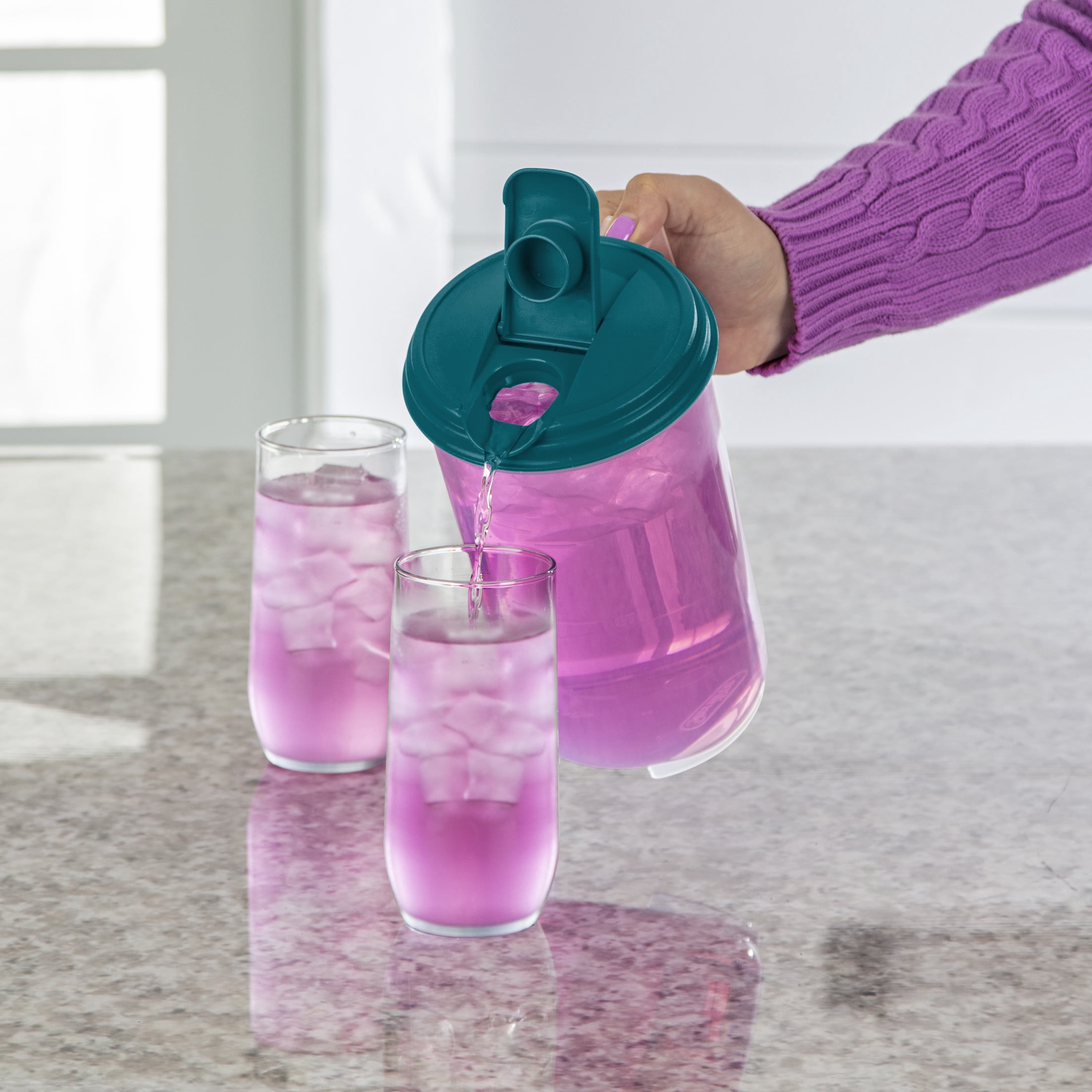(6 pack) Mainstays 2 Quart Round Pitcher, Clear Plastic with Flip-top Spout, Handle and Measure Marks, BPA-Free, Teal Lid
