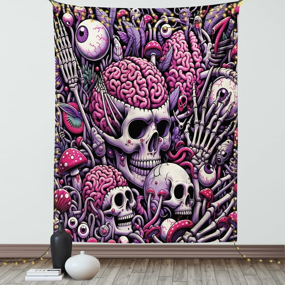 Ambesonne Skull Tapestry Wall Hanging, Skeleton Eyeballs Brain Hands, 60"x80", Pink and Purple