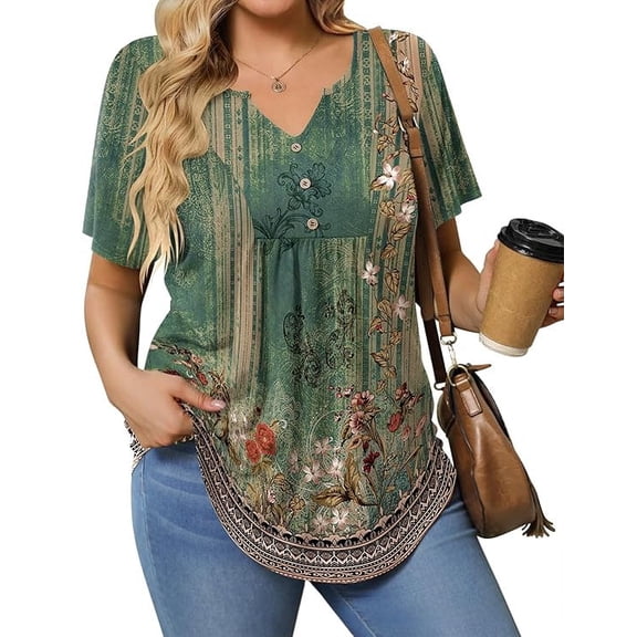 Womens Plus Size Tunic Tops Summer Short Sleeve V Neck Floral Blouse Casual Loose Fit Pleated Button Down Dressy T Shirts for Work, Travel & Everyday Wear
