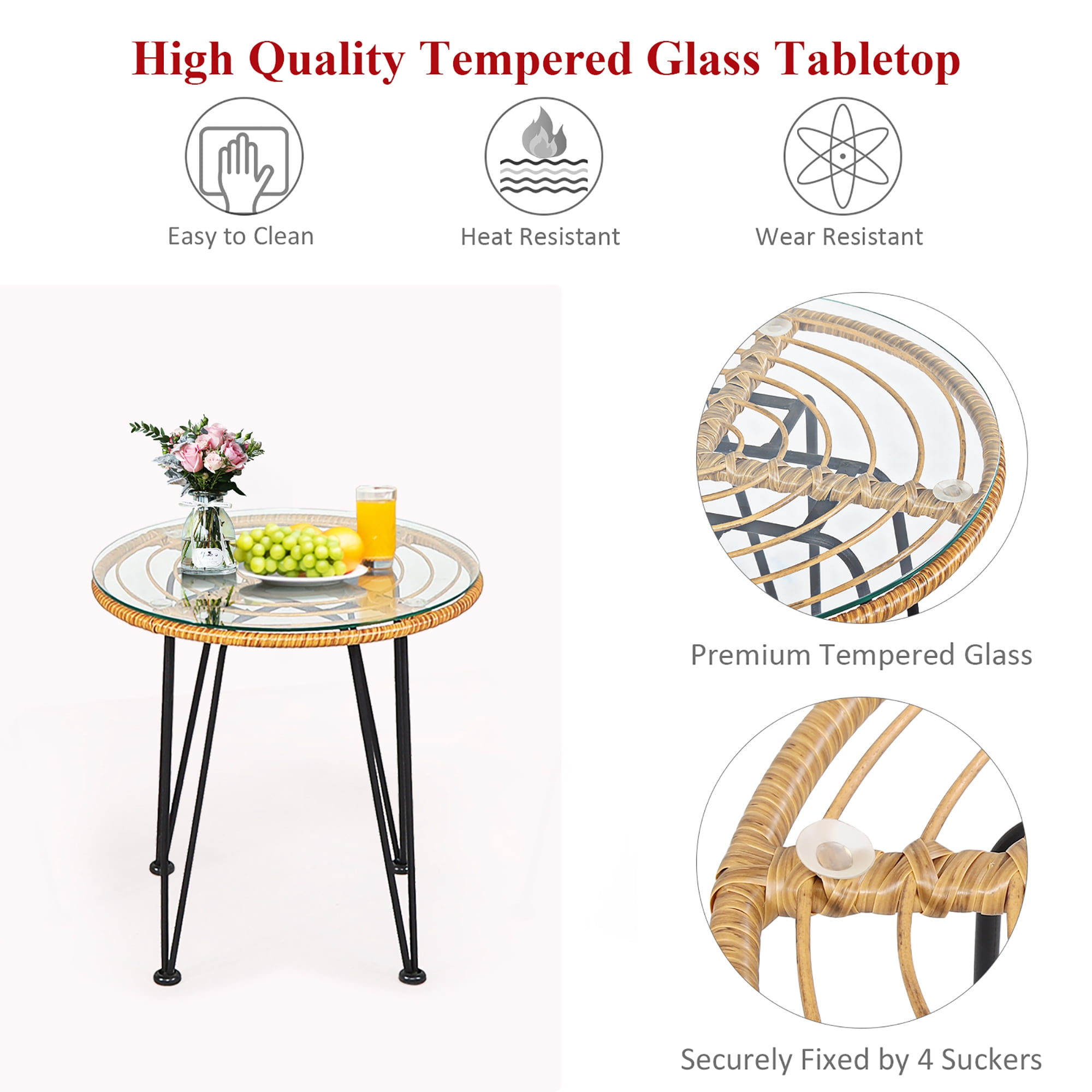 Costway 3PCS Patio Rattan Bistro Furniture Set Cushioned Chair Table Red