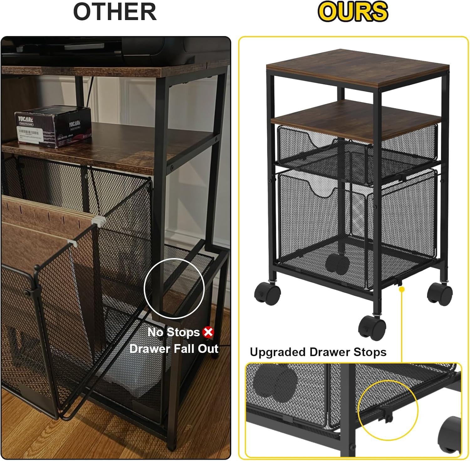 Rolling File Cart with 2 Storage Drawers, Wood & Mesh Hanging File Folder Organizer with Wheels Under Desk, File Cabinets for Home Office, 14.7" L x 11.8" D x 25.3" H