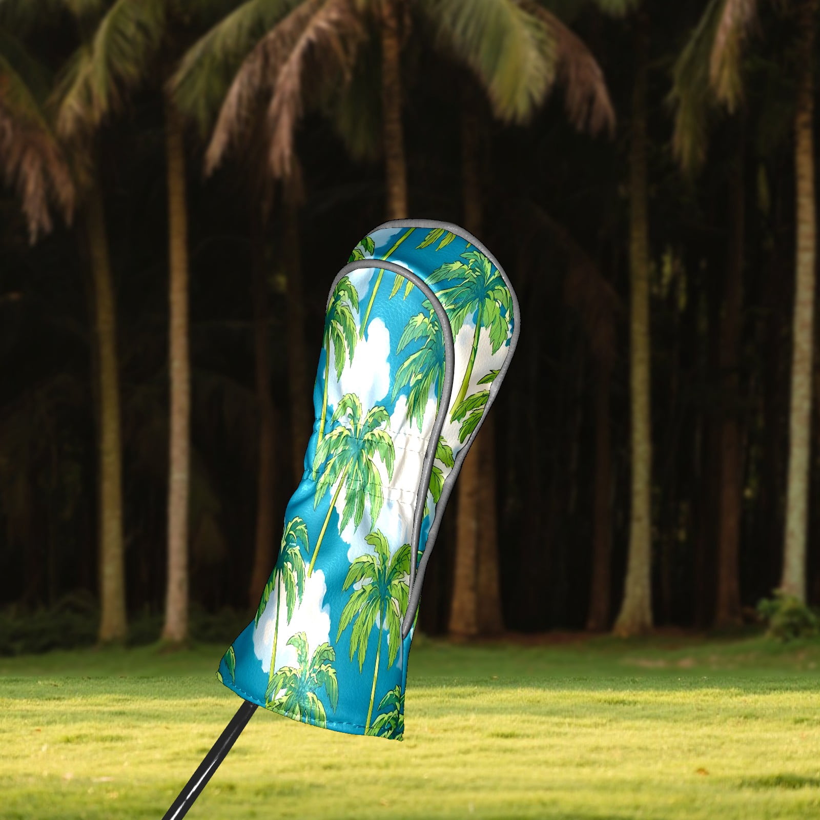 Golf Club Covers, Palm Tree Blue Premium PU Leather Driver Hybrid Putter Head Covers with Velvet Lining, Waterproof Golf Gifts for Men Women