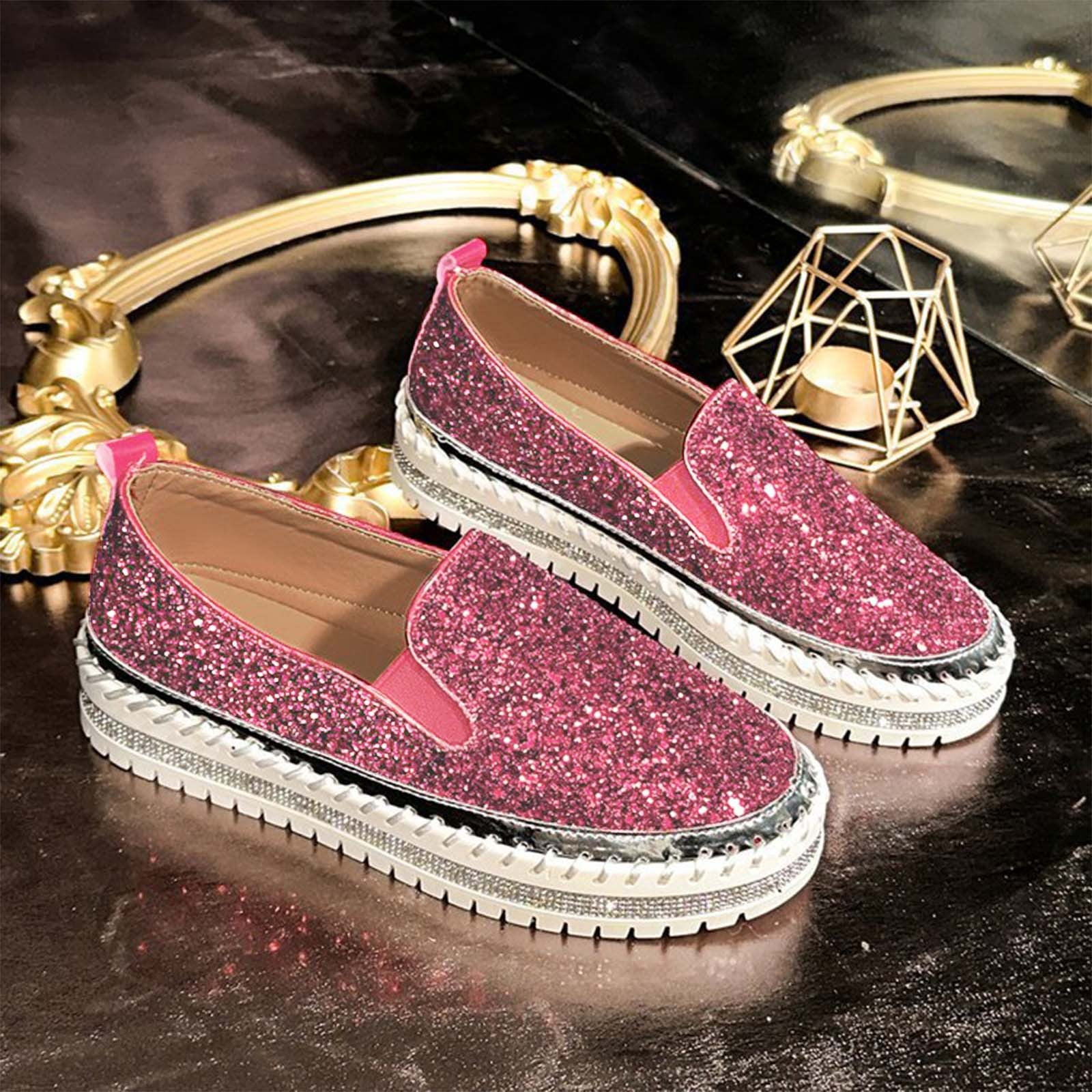 Xfvqtps Womens Rhinestone Slip on Sneakers Sequin Thick Sole