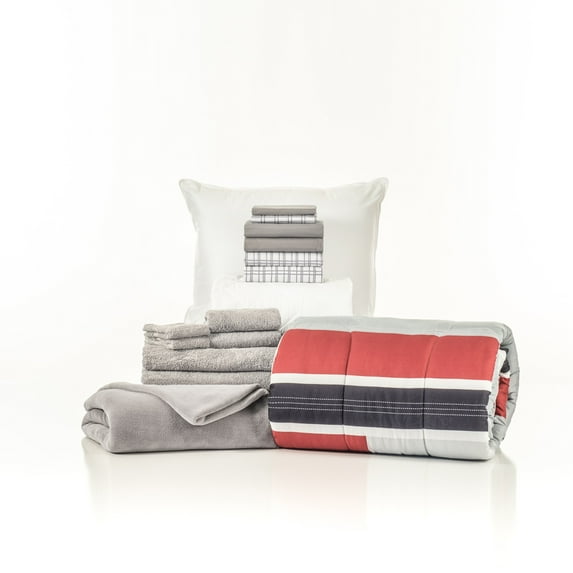 The Starter Pak, Tyler Gray and Gray Plaid, 16-Piece College Dorm Bedding Comforter Set, Twin XL, Bonus Mattress Pad, Pillow and 100% Cotton Towels by OCM