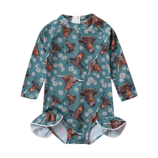 Hiiyo Newborn Girls Long Sleeve Zip-Up Rash Guard One-Piece Swimsuit Swimwear Onesie