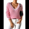 thumbnail image 1 of Suéter Holgado de Punto A Rayas de Larga para Mujer, Estilo Preppy, para Otoño e Invierno, con Cuello en V Rosa S, 1 of 10