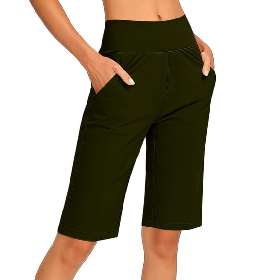 Husipze Biker Yoga Shorts with Pockets for Women High Waisted Athletic Running Workout Gym Shorts Tummy Control Army Green L