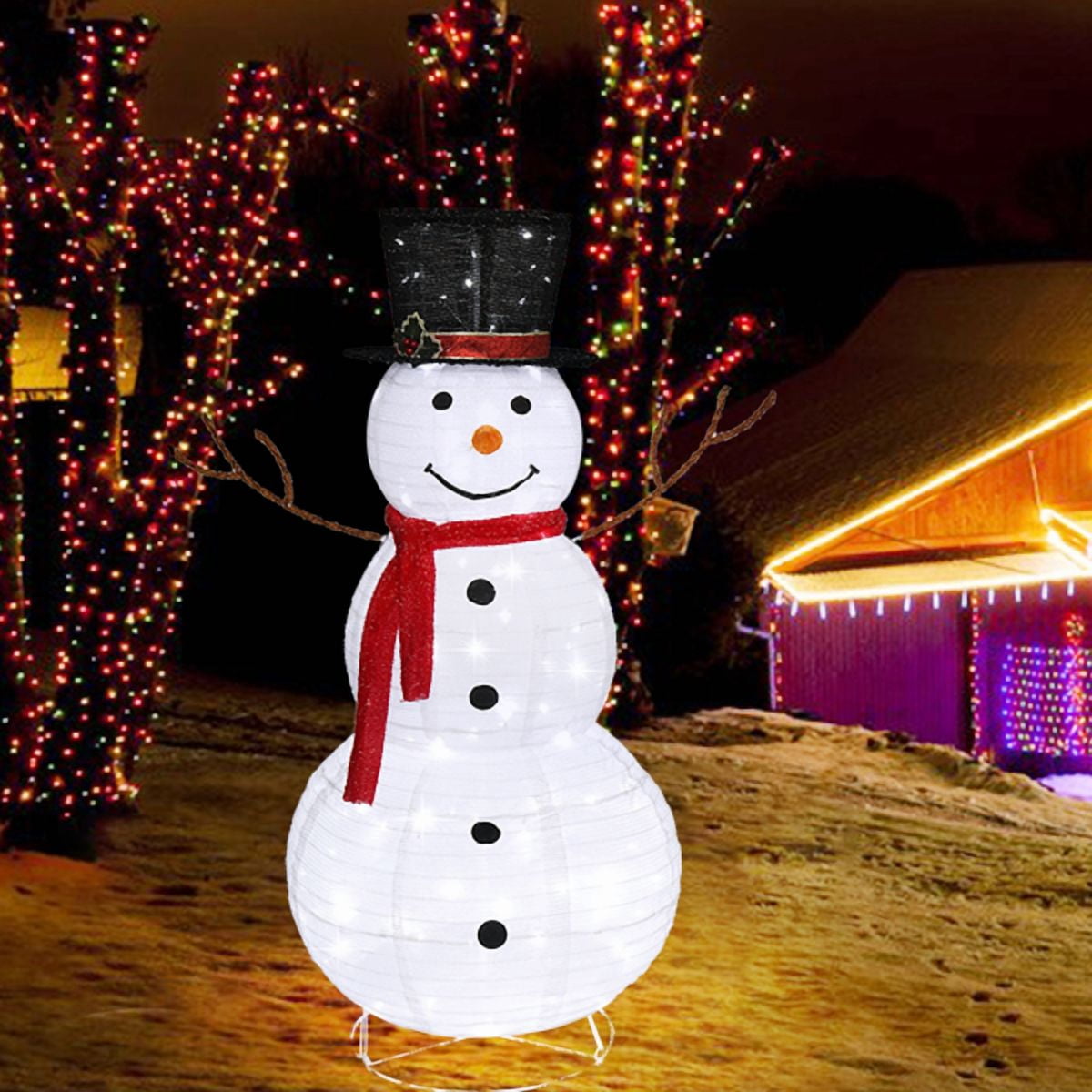 Alvantor 4 ft Pre-Lit Snowman with 120 LED Lights, Top Hat and Red Scarf, Indoor and Covered Outdoor Christmas Decorations, White
