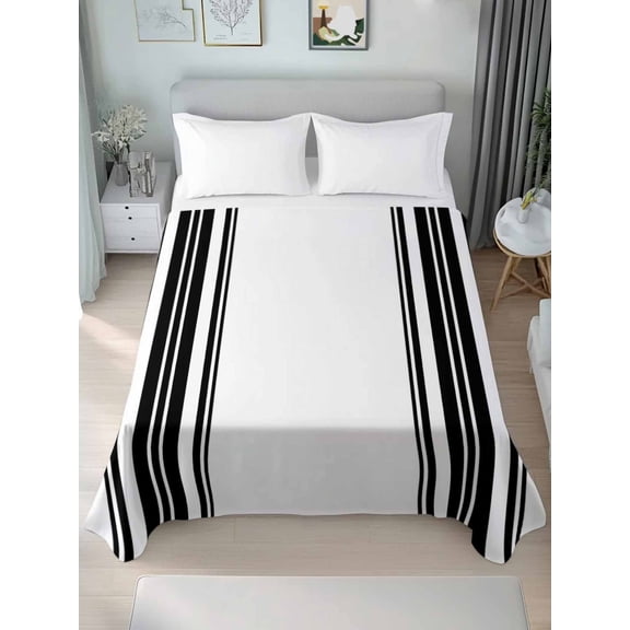 Black Striped Full Size Flat Sheet, Wrinkleproof & Fadeproof Cooling Flat Bed Sheet Only, Modern White Striped Abstract Art Aesthetics Breathable Soft Bedding Top Sheets 81 x 96 Inches