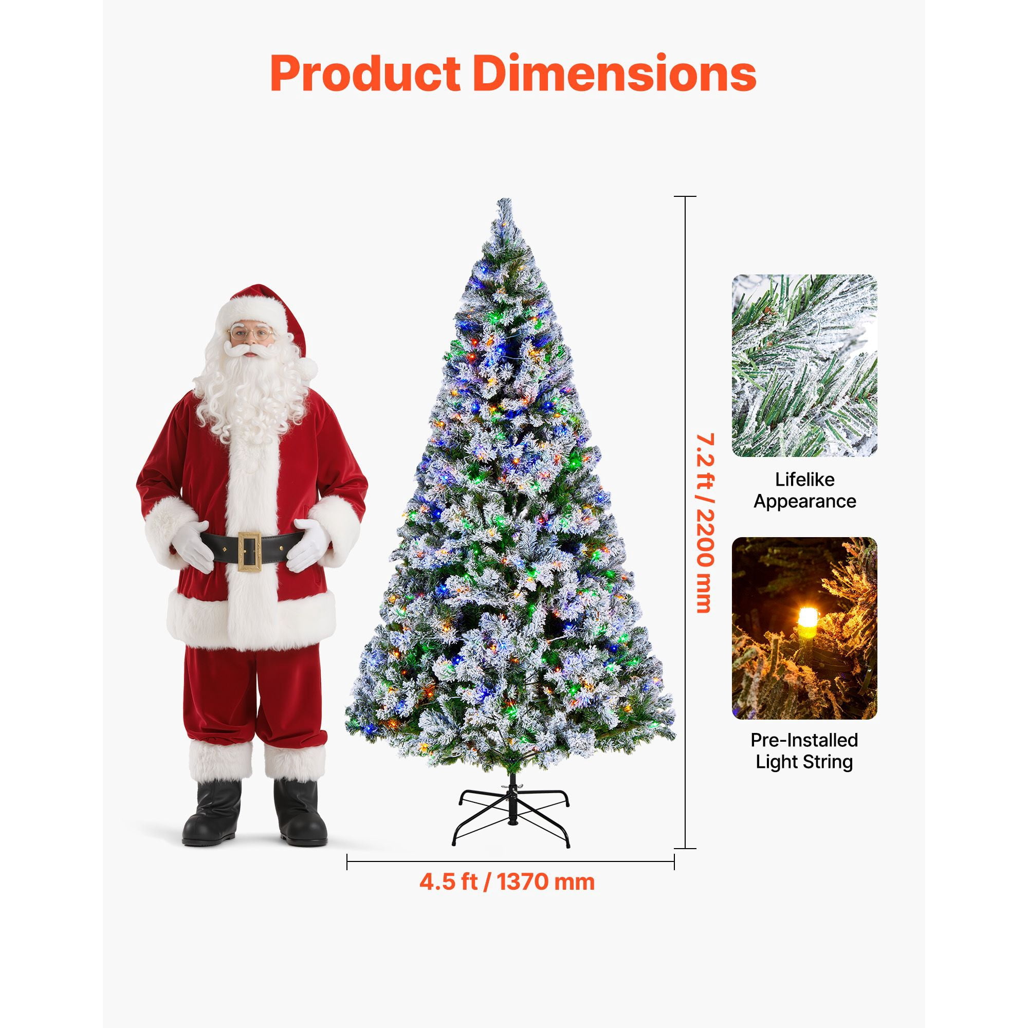 Christmas Tree, 7.2ft Prelit Flocked Artificial Tree, Full Holiday Xmas Deco Trees with 470 Colorful LED Lights, 11 Lighting Modes & 1346 Branch Tips for Home Party Office Decoration