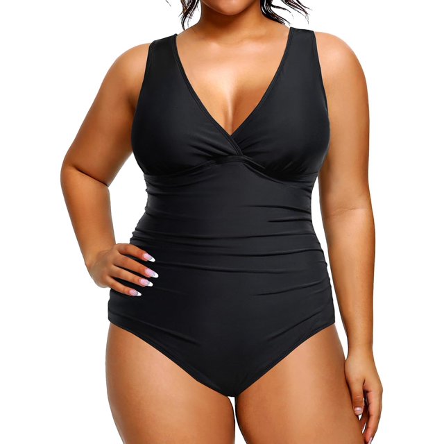 GHSDFBB Women Plus Size One Piece Swimsuits V Neck Tummy Control Bathing Suits Retro Ruched Swimwear