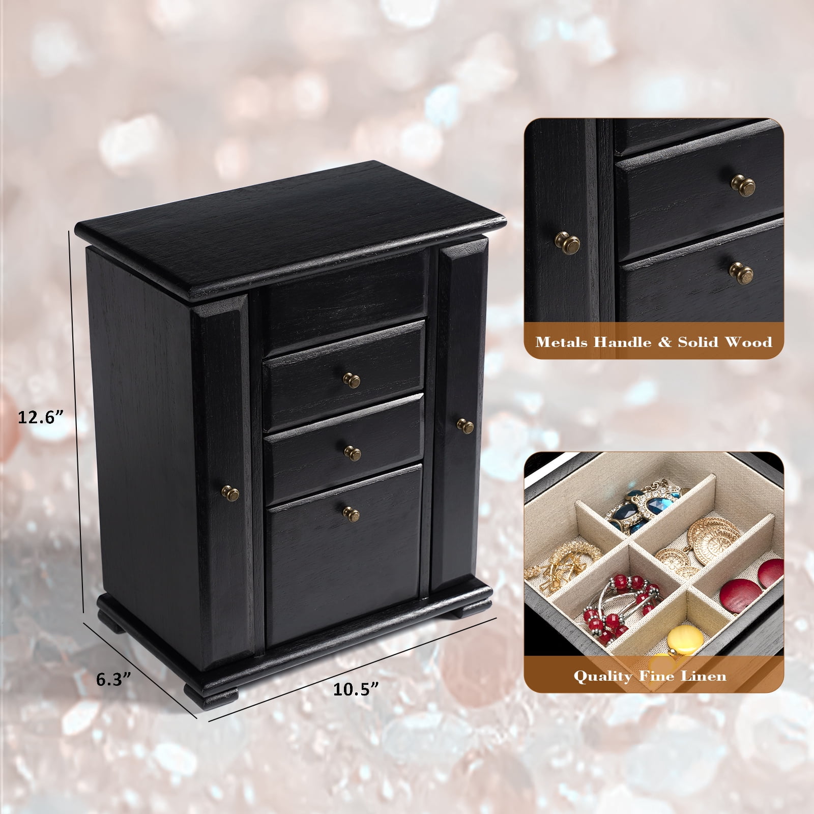 Sfugno Jewelry Box, 4 Layer Wooden Jewelry Boxes for Women, Jewelry Organizer Box Display for Rings Earrings Necklaces Bracelets,Black