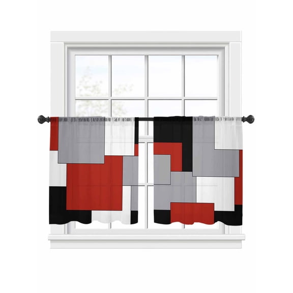 Red Grey Black Geometric Sheer Curtains 45 Inch Length 2 Panels Set, Semi Transparent Voile Rod Pocket Curtains for Living Dining Room Bedroom Drapes Middle Century Modern Art Abstract