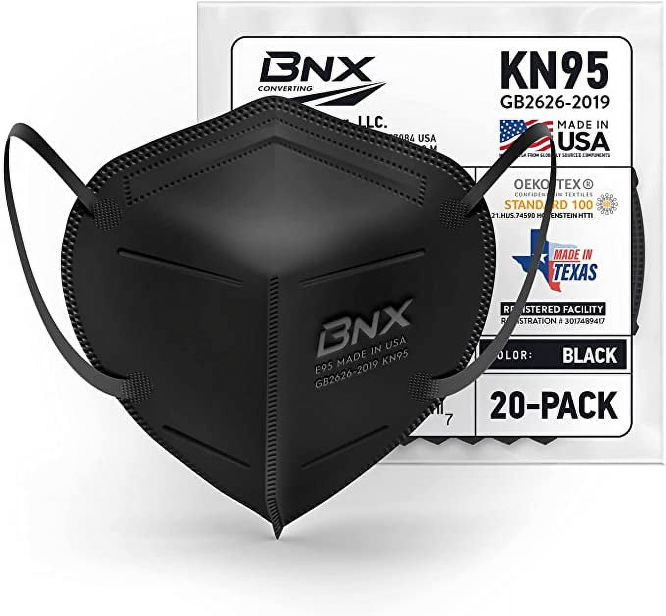 BNX KN95 Black Face Masks (20-Pack), (Earloop) (Model: E95)