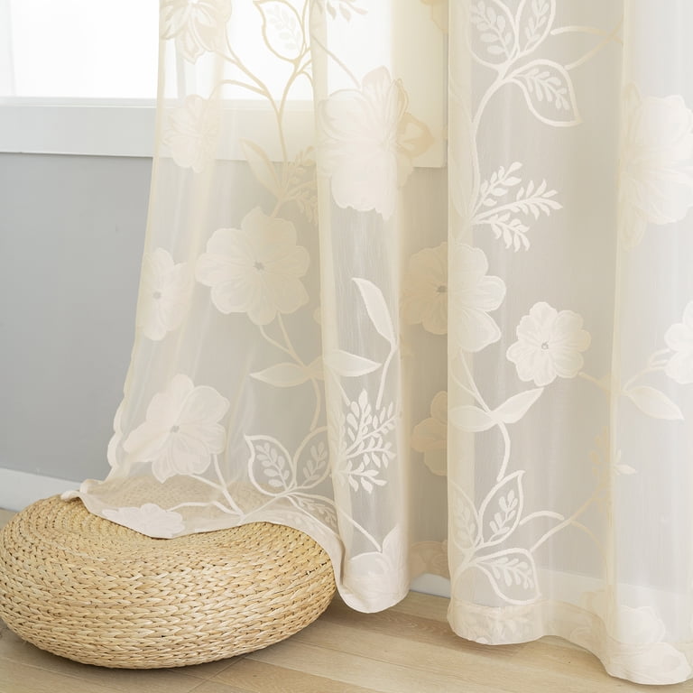 Exultantex White Sheer Lace Curtains Vintage Rose Floral Embroidered Sheer Window Drapes For...