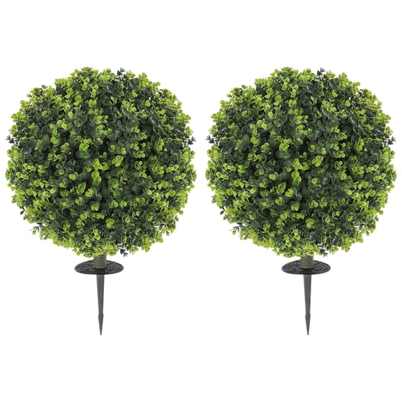 2 Pack 1.3ft Artificial Boxwood Topiary Ball with Ground Stake, UV Resistant Faux Greenery for Indoor and Outdoor Decor