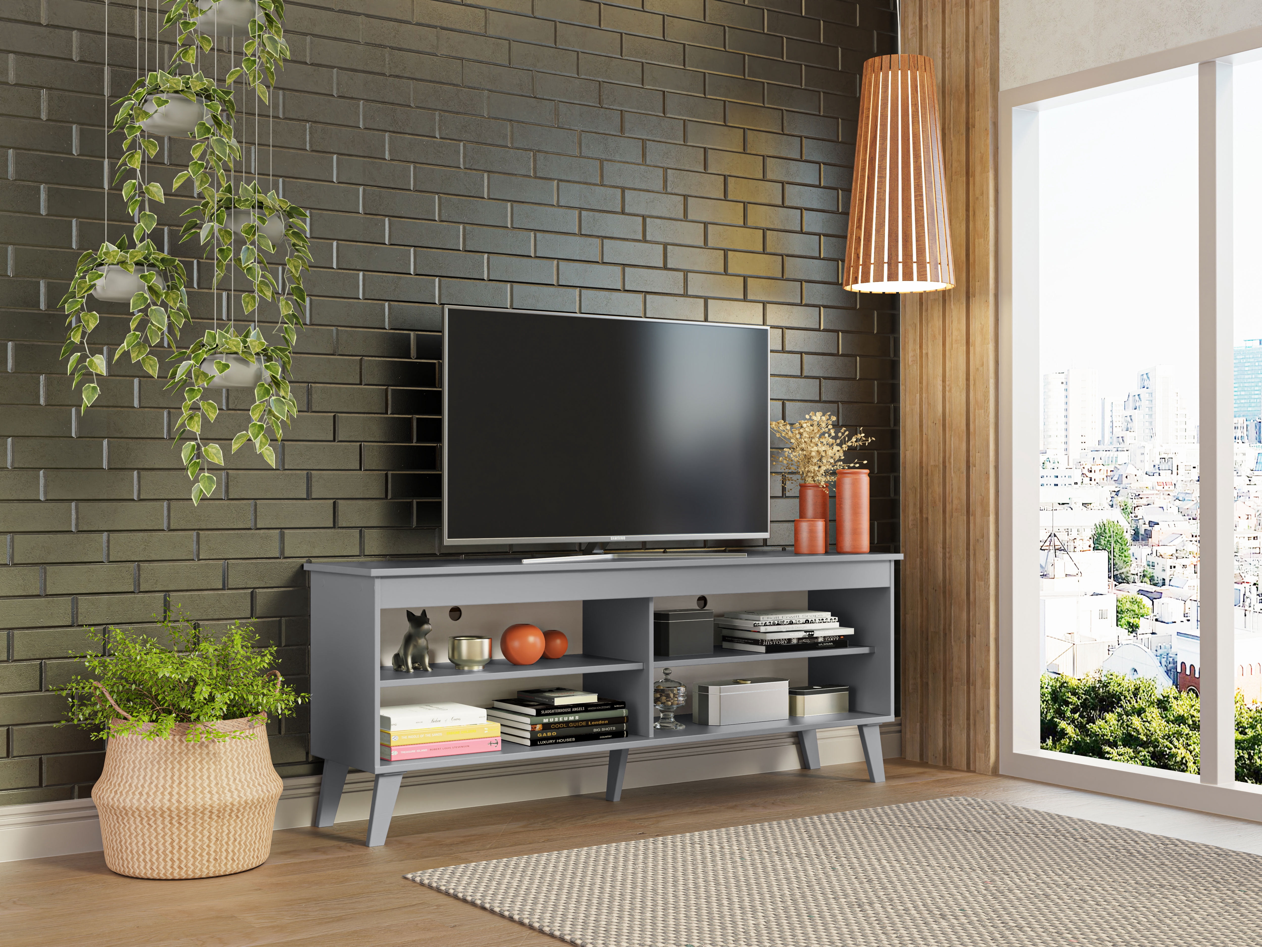 Madesa TV Stand Unit with 4 Shelves and Cable Management for 55, 65 Inch Media 1 Storage Gaming Media Console Living Room and Bedroom Entertainment Center Modern Wooden Television Cabinet - Grey