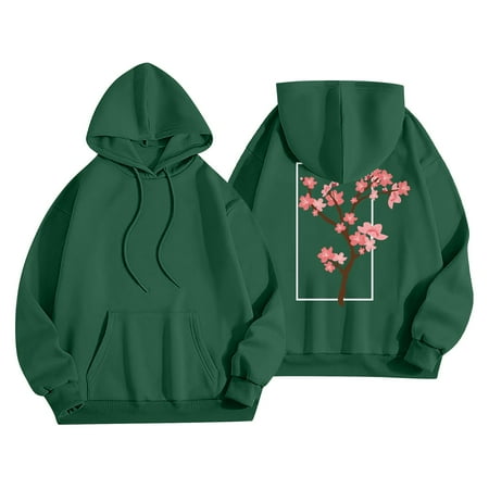 Charmgo Graphic Hoodies Under $15, Women Fashion Hooded Sweatshirts Flower Print Hoodies Sweater Y2k Tops Streetwear Winter Clothes for Women, Green Hoodies for Women S