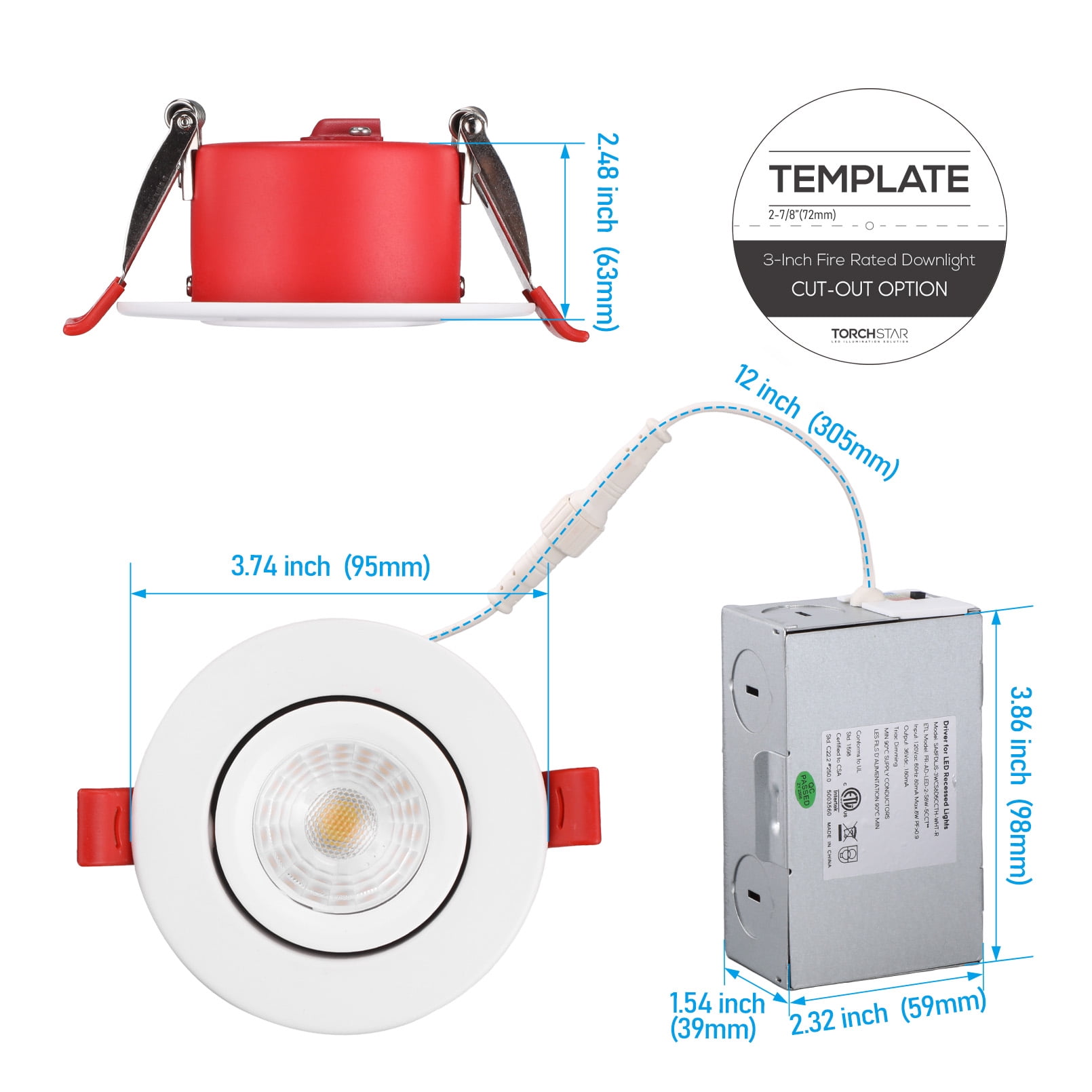 2 Pack 3 Inch 7W Fire Rated Gimbal LED Recessed Light, 5CCT Dimmable Canless Downlight with J-Box, Meets UL263 & ASTM E119, 2 Hour Fire-Rated Commercial Ceilings