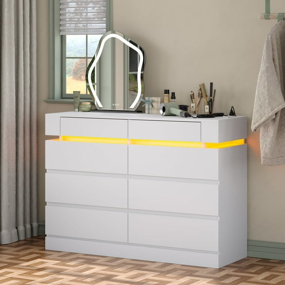 Furnihold 47.3" W Modern Dresser with Power Outlet & Led Lights, 8-Drawers Dresser for Bedroom, White