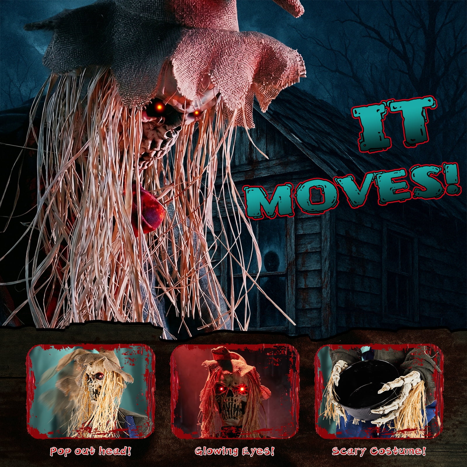 Astoutdoor 4.5 ft Halloween Sitting Scarecrow Decoration with Red Light-Up Eyes, Sound-Activated Head Movement, Male Voice, Detachable Bucket, Battery Operated