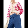 thumbnail image 2 of Suéter de Rayas con Bloques de Color para Mujer, Cárdigan de Larga con Botones y Cuello en V, Prenda de Punto de Moda. Rosa Roja L, 2 of 10