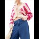 thumbnail image 2 of Suéter de Rayas con Bloques de Color para Mujer, Cárdigan de Larga con Botones y Cuello en V, Prenda de Punto de Moda. Rosa Roja S, 2 of 10