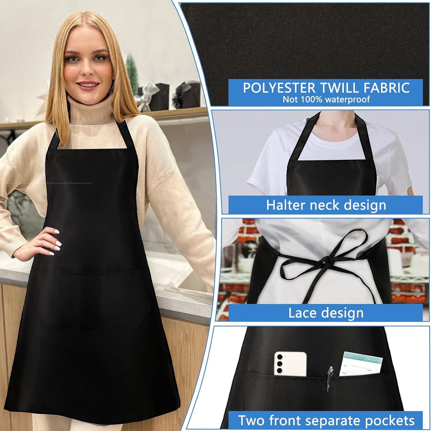 Bgtecho18 Pack Bib Apron,Aprons Bulk with 2 Pockets,Apron Bulk for Women Men,Unisex Commercial Apron for Kitchen BBQ Drawing Crafting(Black)