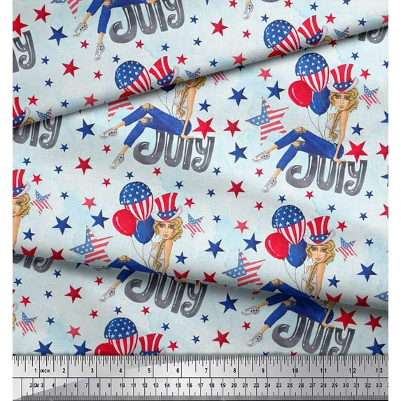 Soimoi Green Silk Fabric Star,Balloon & Girl Fashion Printed Fabric 1 Yard 42 Inch Wide