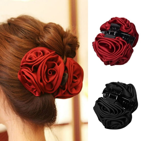 Cheers.US 2Pcs Ribbon Silk Chiffon Rose Flower Large Bows Plastic Hair Claw Clips Jaw Barrettes Grips Clamps Clasps Pins Decorative Buns Twist Hair Up Fancy Accessories