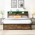 thumbnail image 3 of PAPROOS Full Size Bed Frame, Metal Platform Bed with Wooden Storage Headboard, 2 drawers, Charging Station, LED Light, No Box Spring Needed, Brown+Black, 3 of 11