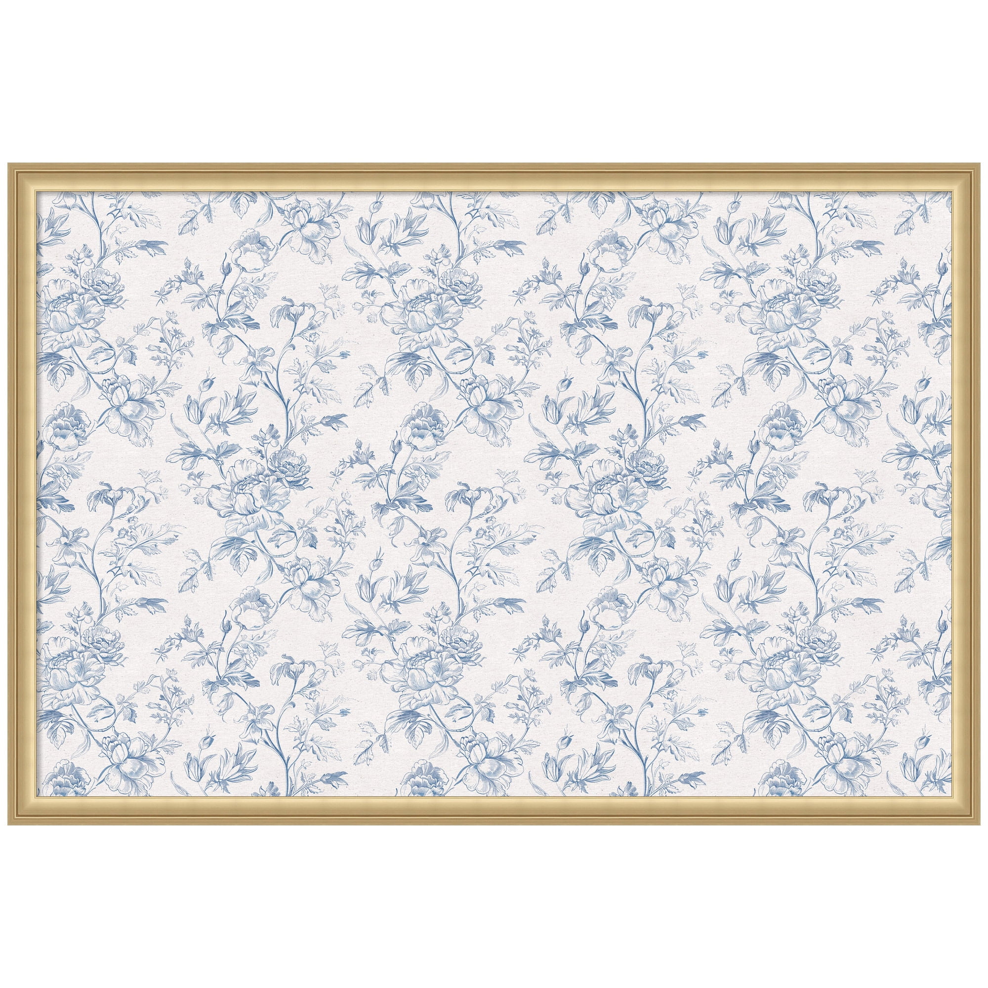 Kate and Laurel Framed Fabric Pinboard 38 x 26, Blue and White Floral Toile Printed Linen Casual Transitional Bulletin Board for Use as a Vision Board or Wall Organization, Florence Gold Frame