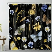 Butterfly and Wildflower Shower Curtain for Bathroom,Retro Moth and Nature Colorful Floral Plant on Black Fabric Shower Curtain with Hooks,Farmhouse Country Bathroom Curtain Shower Set, 69x70 inches