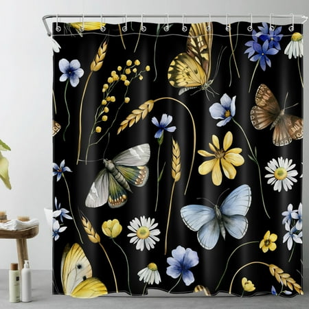 Butterfly and Wildflower Shower Curtain for Bathroom,Retro Moth and Nature Colorful Floral Plant on Black Fabric Shower Curtain with Hooks,Farmhouse Country Bathroom Curtain Shower Set, 69x70 inches