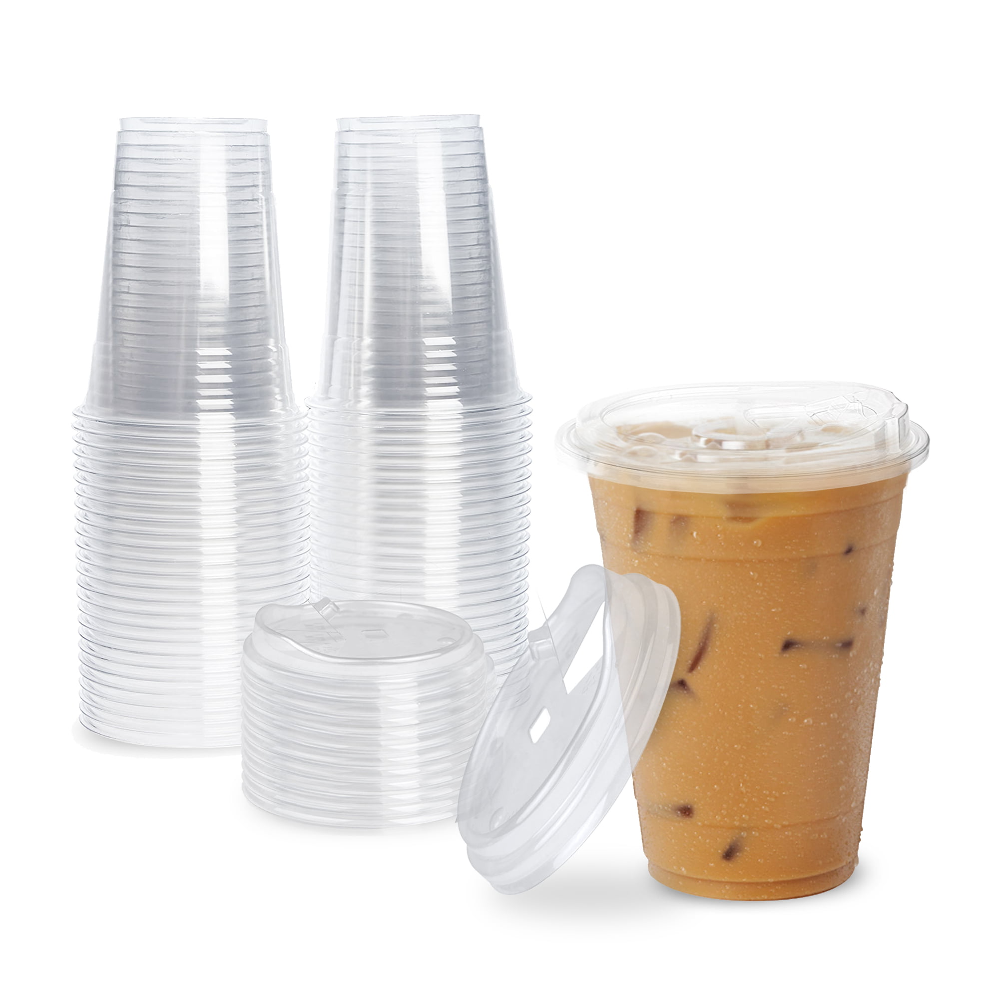 [50 Pack] Disposable Strawless Plastic Cups with Lids - 16 Oz Clear