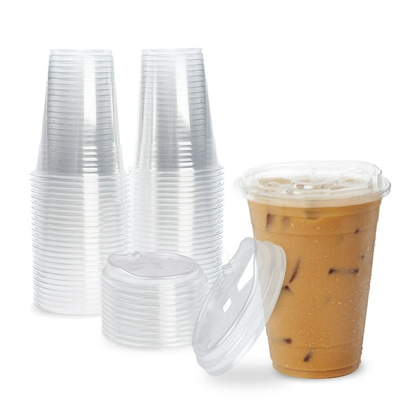 [50 Pack] Disposable Strawless Plastic Cups with Lids 16 Oz Clear Plastic Cups and Sippy Cups