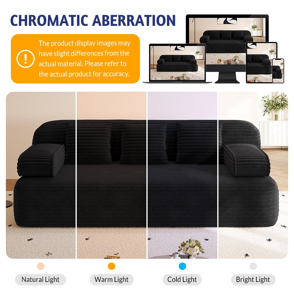 Miniyam 78.7" Sleeper Sofa Bed, Convertible Corduroy Floor Couch, No Assembly, 3 Pillows, Black