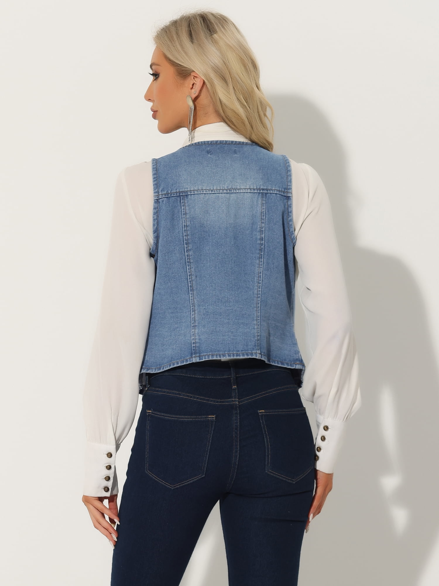 DARING DIVA Women's Denim Vest Washed Distressed Jean Jacket XL Light Blue
