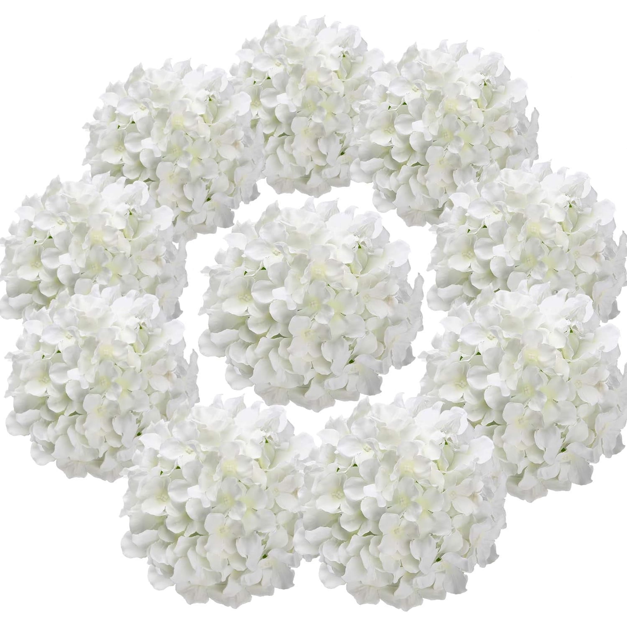 TETOU 10Pcs Silk Hydrangea Heads, Artificial Flowers Heads Fake Flower with Stems for Home Wedding Family Party Decoration - White
